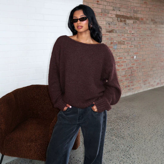 Damen Oversize Bouclé-Pullover mit weitem Boot-Ausschnitt und gerippten Bündchen Shop Nory