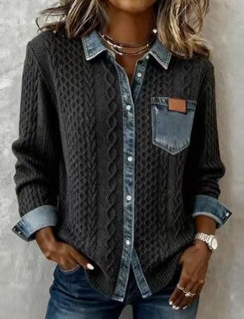Damen nan geflochtener Strickpullover mit integriertem Jeanskragen und Brusttasche Shop Nory