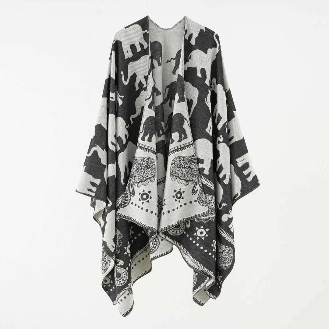 Damen Jacquard‑Ruana mit Elefantenmotiv und ornamentaler Bordüre Shop Nory