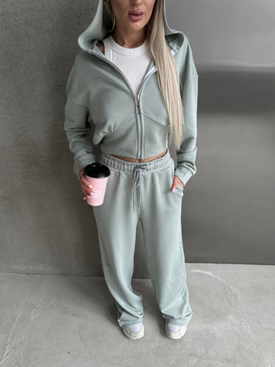 Damen kurzes Reißverschluss-Cropped-Hoodie mit hoher Bund Palazzo-Jogginghose Set Shop Nory
