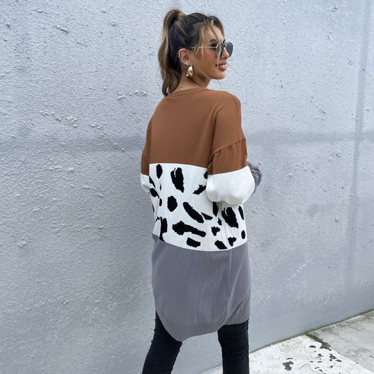 Damen Offene Longcardigan im Blockdesign mit Animal‑Intarsien und gerippten Abschlüssen Shop Nory