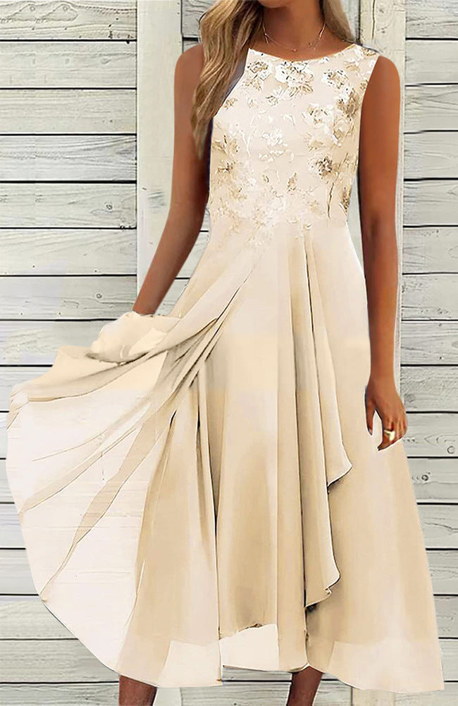 Damen nan ärmelloses Chiffon-Midikleid mit bestickter Brustpartie und asymmetrischem Lagenrock