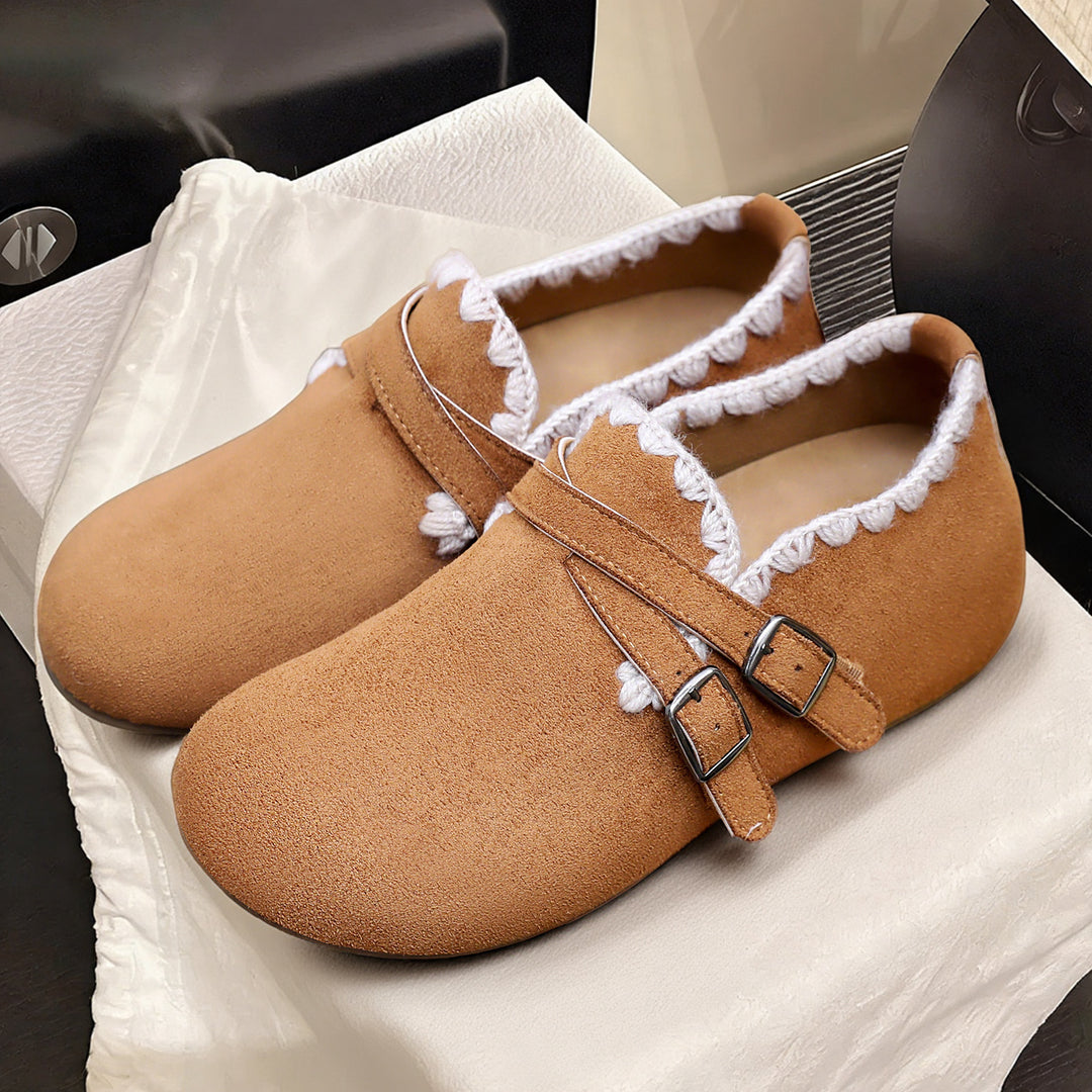 Damen nan Veloursledrige Hausschuh-Mokassin mit dekorativem Häkelrand und verstellbaren Doppelschnallen Shop Nory