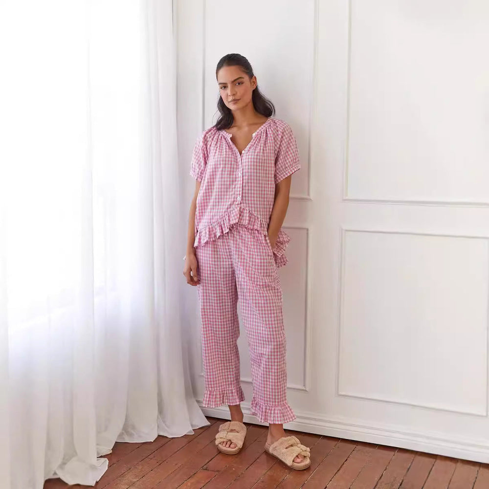 Damen Pyjama-Set mit Rüschen und Karomuster