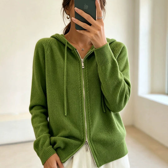 Damen Kapuzen-Cardigan mit Reißverschluss, feinem Feinstrick und gerippten Bündchen Shop Nory