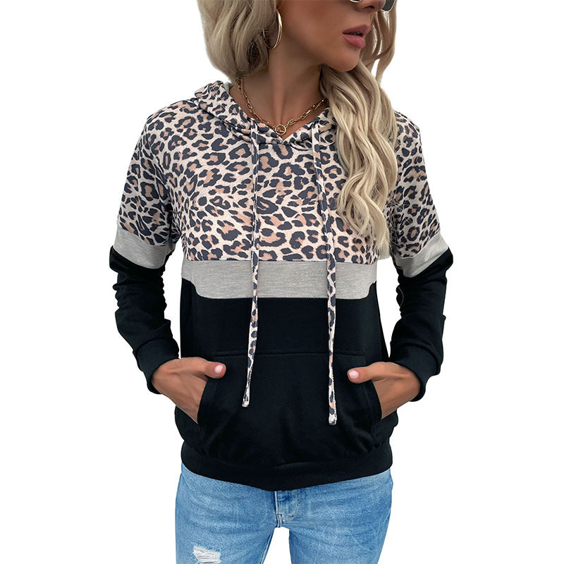 Damen Kapuzenpullover mit Leo-Print, Colorblock-Einsatz und Kängurutasche Shop Nory