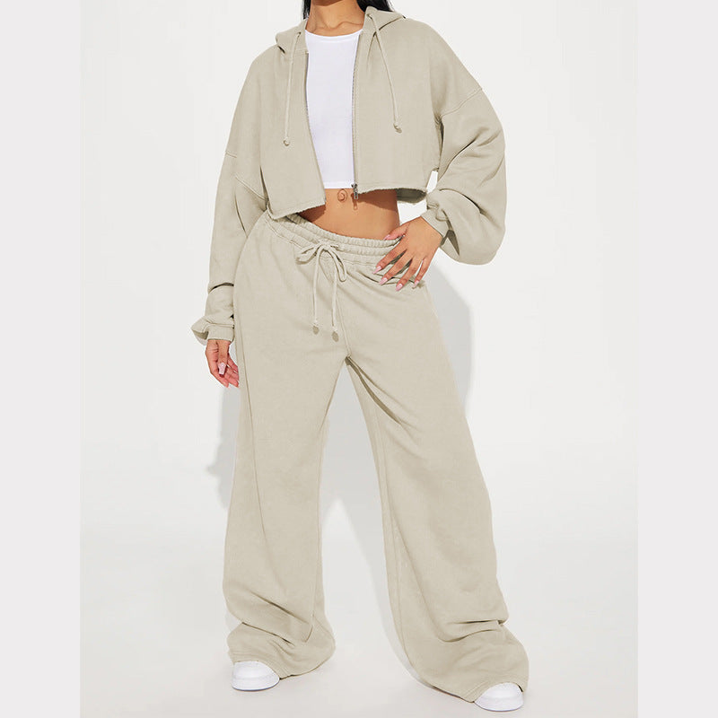 Damen gekürztes Reißverschluss-Kapuzenoberteil und hochtaillierte weite Fleece-Jogginghose Set Shop Nory