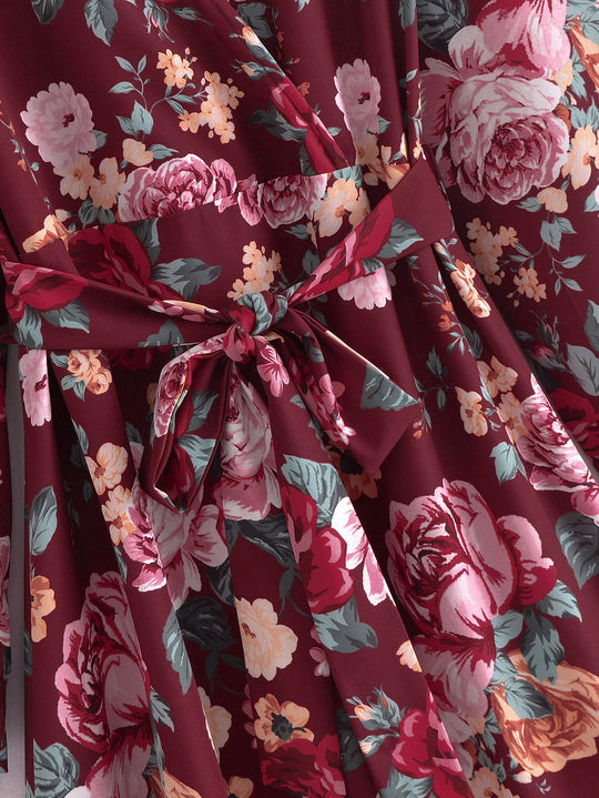 Damen Wickel-Maxikleid mit V-Ausschnitt, Taillengürtel und Stufensaum Shop Nory
