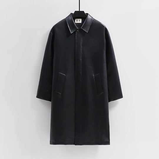Herren langer minimalistischer Kunstleder-Mantel mit Hemdkragen, verdeckter Knopfleiste und geradem Schnitt Shop Nory