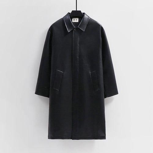 Herren langer minimalistischer Kunstleder-Mantel mit Hemdkragen, verdeckter Knopfleiste und geradem Schnitt Shop Nory