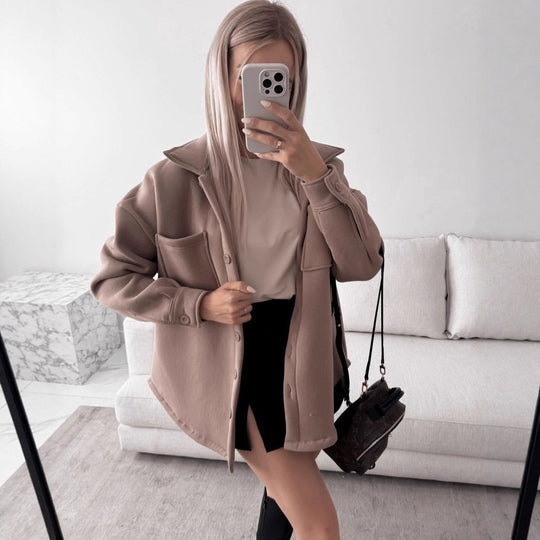 Damen Oversized Hemdjacke Shacket aus weichem Wollmix mit aufgesetzten Brusttaschen Shop Nory