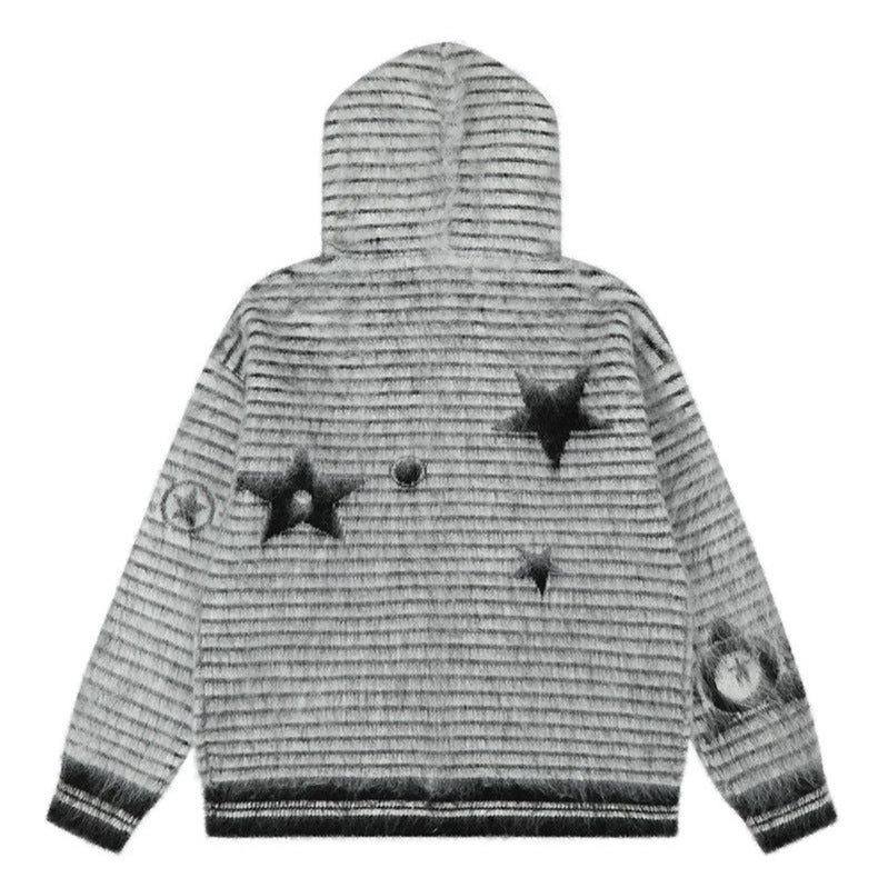 Damen Kapuzen-Strickjacke mit Fellbesatz, gestreifter Mohair‑Optik und Sternapplikationen Shop Nory
