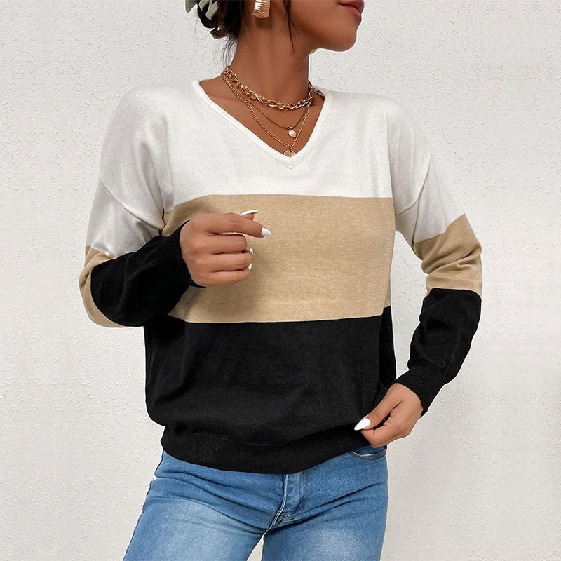 Damen Eleganter V‑Ausschnitt Feinstrickpullover mit breiten Blockstreifen Shop Nory