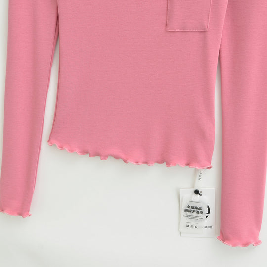 Damen Figurbetontes geripptes Langarmshirt mit weitem Quadrat-Ausschnitt und Brusttasche Shop Nory