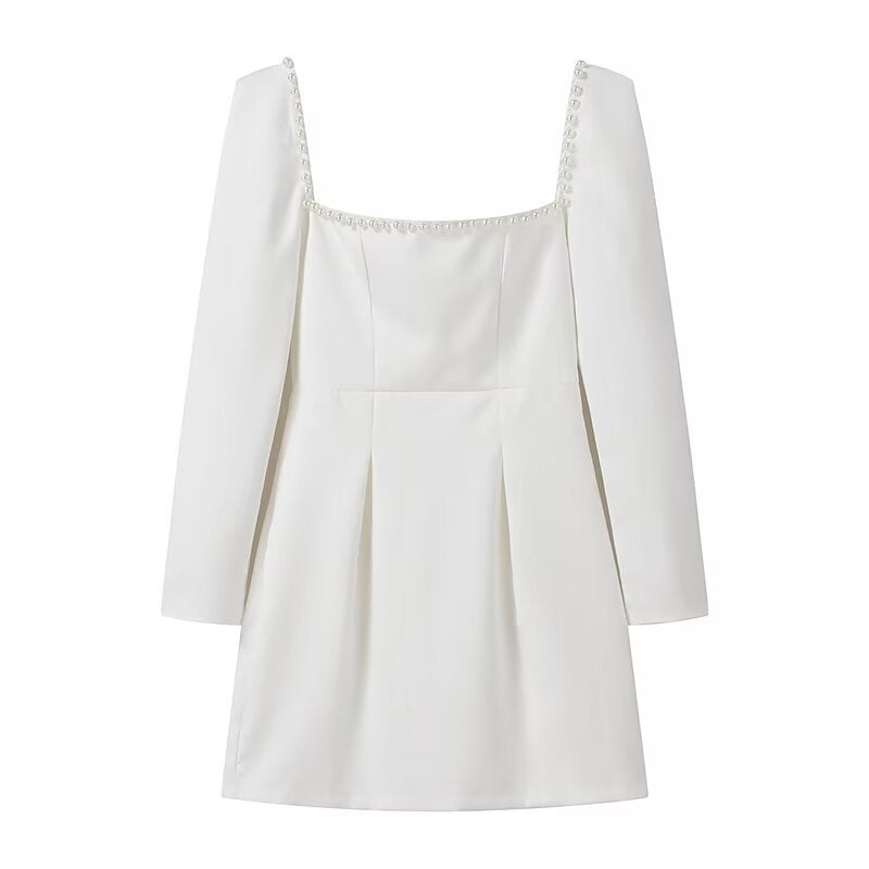 Damen Figurbetontes A‑Linien‑Minikleid mit quadratischem Ausschnitt, langen Ärmeln und Perlenbesatz Shop Nory
