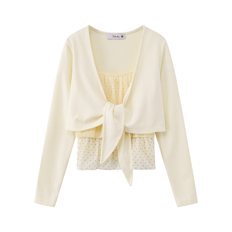 Damen Zweiteiliges Langarm-Top mit Knotenvorderseite und zartem Chiffon-Untertop Shop Nory