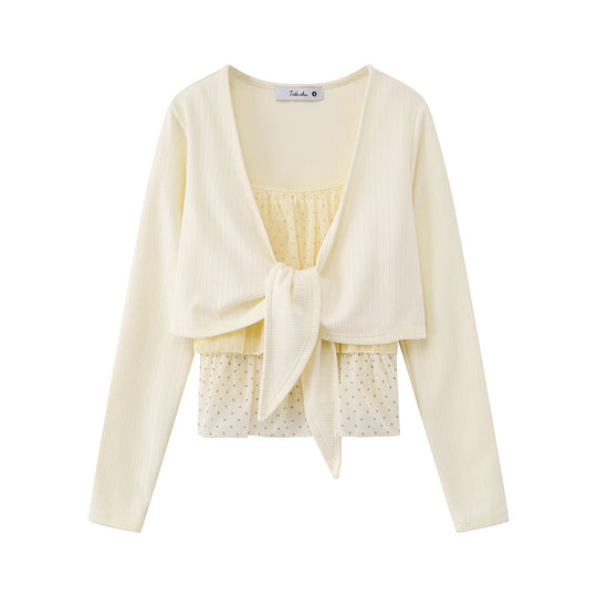 Damen Zweiteiliges Langarm-Top mit Knotenvorderseite und zartem Chiffon-Untertop Shop Nory