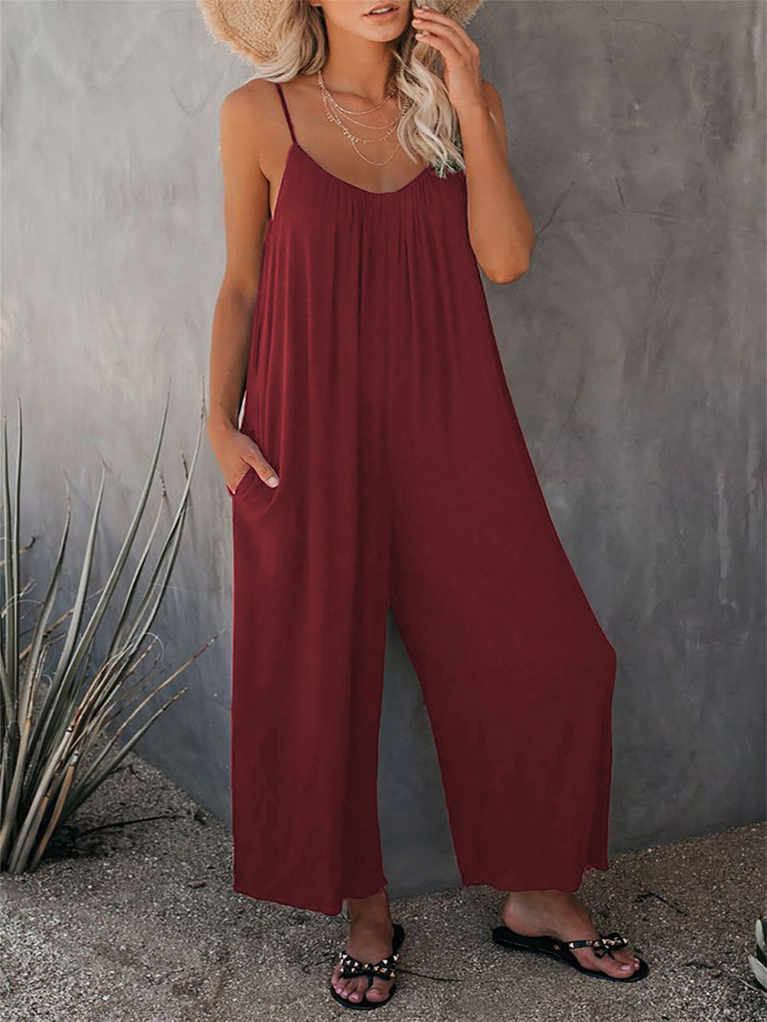 Damen Lässiger Sommer-Jumpsuit mit tiefem Ausschnitt und praktischen Taschen