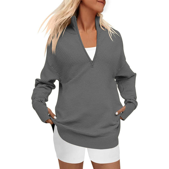 Damen Oversize-Feinstrickpullover mit halbem Reißverschluss, Stehkrragen und Daumenloch-Ärmeln Shop Nory