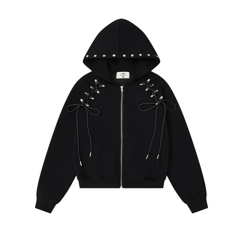 Damen Kapuzen-Sweatjacke mit Schnürungen, Metallösen und durchgehendem Reißverschluss Shop Nory