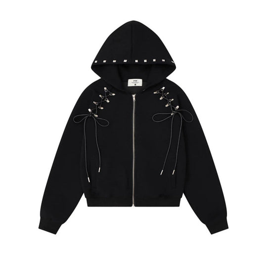 Damen Kapuzen-Sweatjacke mit Schnürungen, Metallösen und durchgehendem Reißverschluss Shop Nory