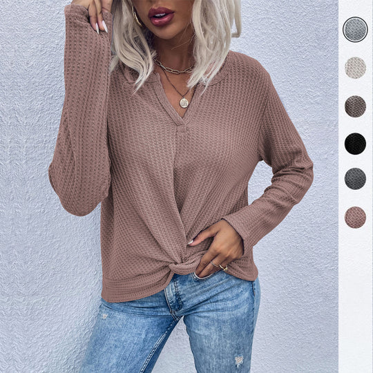 Damen Waffelstrick-Longsleeve mit V‑Ausschnitt und Knotenfront Shop Nory