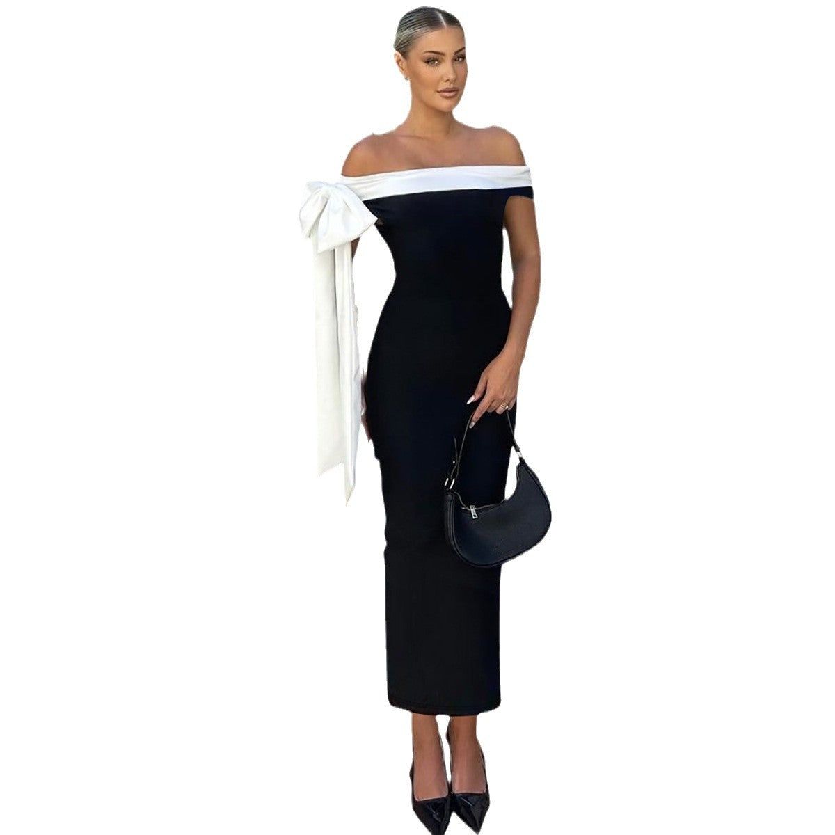 Damen Langarm Abendkleid mit schulterfreiem Design und raffinierten Schleifendetails