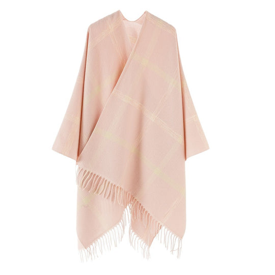 Damen Wollmix‑Überwurfponcho mit großem Karomuster und Fransensaum Shop Nory