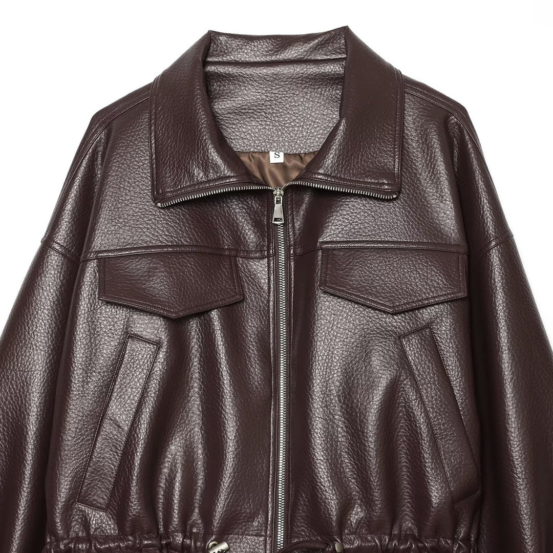 Damen Cropped Kunstlederblouson mit hohem Stehkragen, Pattentaschen und Tunnelzug Shop Nory