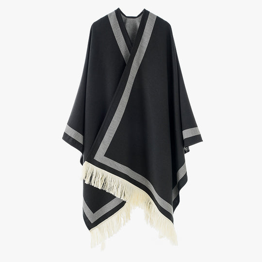 Damen Gefütterter Oversize‑Capeponcho im Kimono‑Schnitt mit Kontrastbordüre und Fransensaum Shop Nory