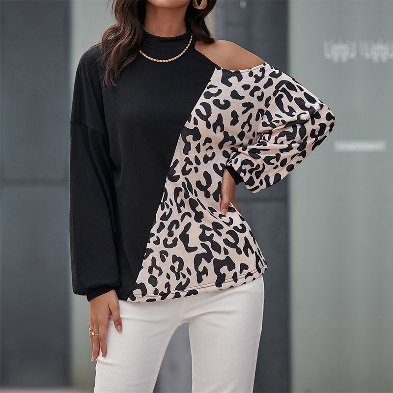 Damen Schulterfreies Sweatshirt mit Leoparden-Panel und Stehkragen Shop Nory