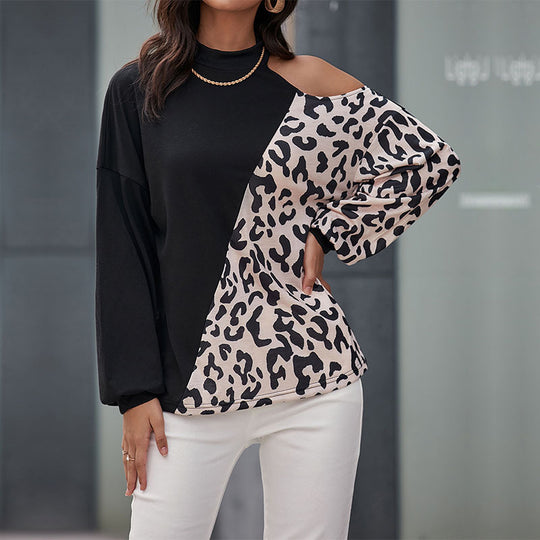 Damen Schulterfreies Sweatshirt mit Leoparden-Panel und Stehkragen Shop Nory