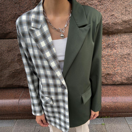 Damen Zweifarbiger Oversize-Blazer mit Karomuster und Reverskragen Shop Nory