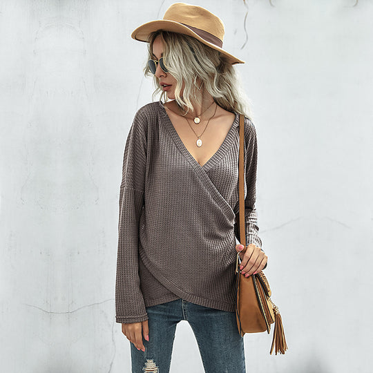 Damen Waffelstrick Wickelshirt mit V-Ausschnitt und langen Ärmeln Shop Nory