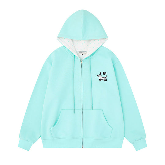 Damen Kapuzen-Sweatjacke mit gesticktem Dackel‑Motiv und gepunkteter Kapuzenfütterung Shop Nory
