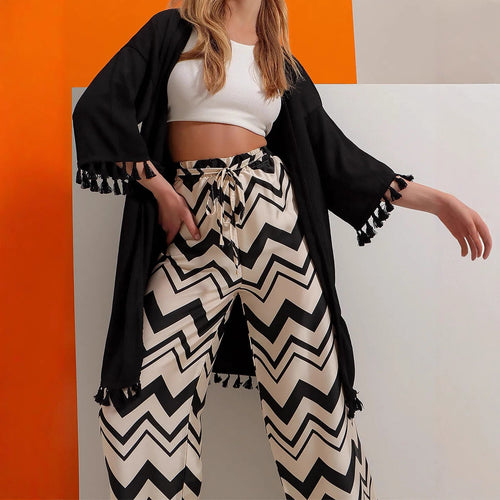 Damen Weite Satin-Hose mit Zickzack-Print, hohem elastischem Bund und Bindegürtel Shop Nory
