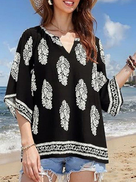 Damen Lockeres Strand-Tunika-Oberteil mit V‑Ausschnitt und Boho‑Print Shop Nory