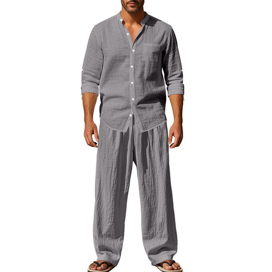 Herren nan legeres Leinen-Relax-Set mit Stehkragen-Hemd und weitem Kordelbund-Hose Shop Nory