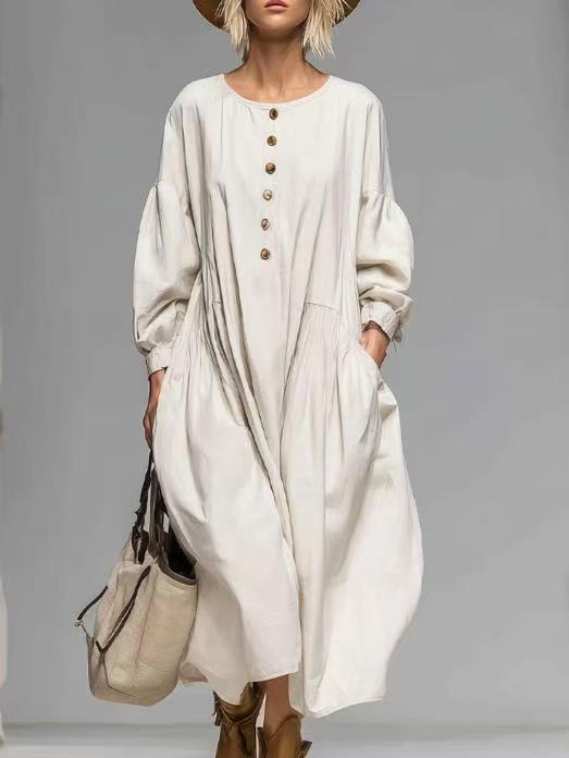 Damen Lässiges Midi-Kleid mit Knopfleiste, Ballonärmeln und Eingrifftaschen Shop Nory