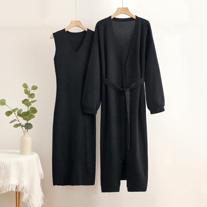 Damen 2-teiliges Kleid und Cardigan-Set mit V-Ausschnitt