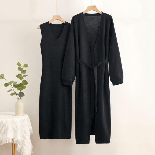 Damen 2-teiliges Kleid und Cardigan-Set mit V-Ausschnitt
