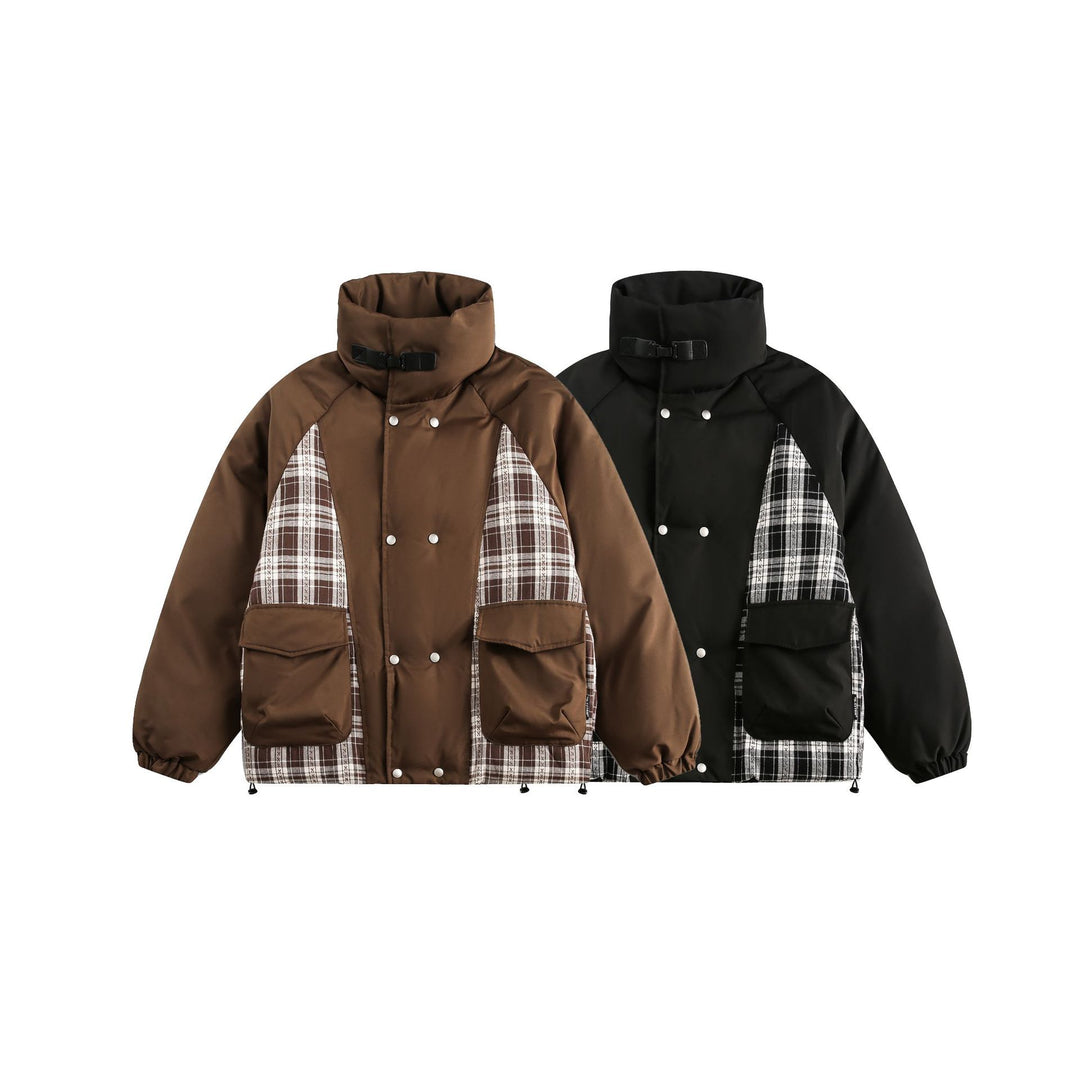 Unisex Oversize Stehkragen‑Pufferjacke mit karierter Einsatz‑Panel und Utility‑Taschen Shop Nory