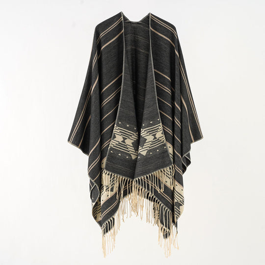 Damen Wollmix-Ruana im grafischen Ethno-Jacquard mit Fransensaum Shop Nory