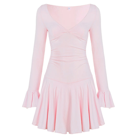 Damen nan tailliertes V-Ausschnitt Skaterkleid mit geraffter Taille und Volantärmeln Shop Nory