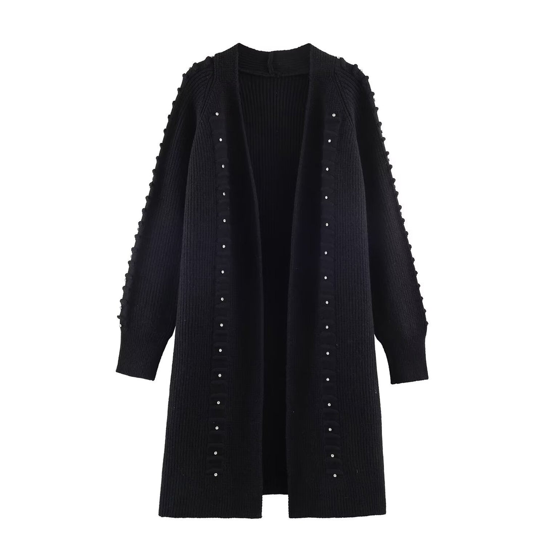 Damen Longline Strickcardigan mit Perlen- und Rüschendetail offene Front Shop Nory