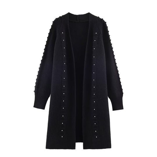Damen Longline Strickcardigan mit Perlen- und Rüschendetail offene Front Shop Nory