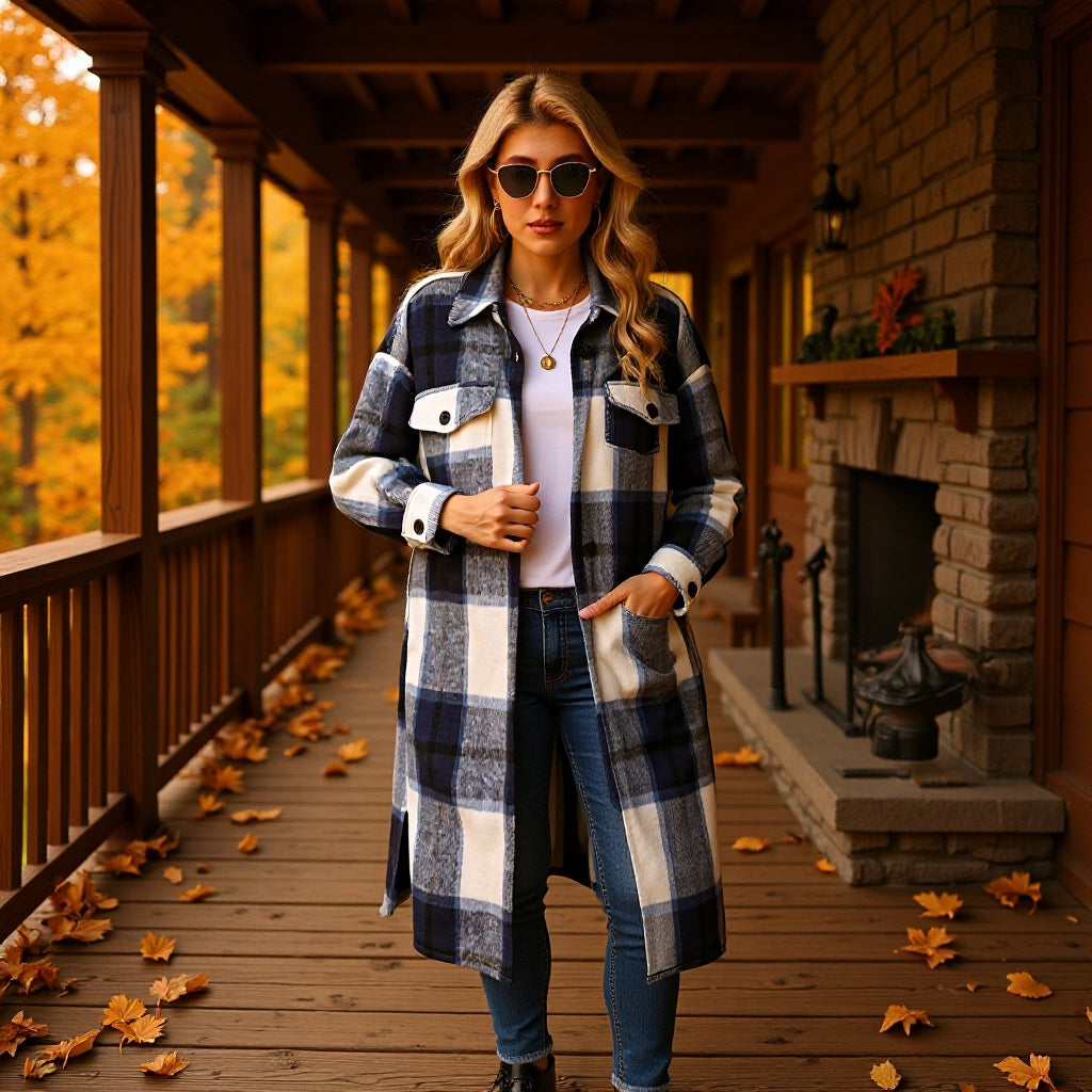 Damen Longline-Karo-Hemdjacke mit aufgesetzten Taschen Shop Nory