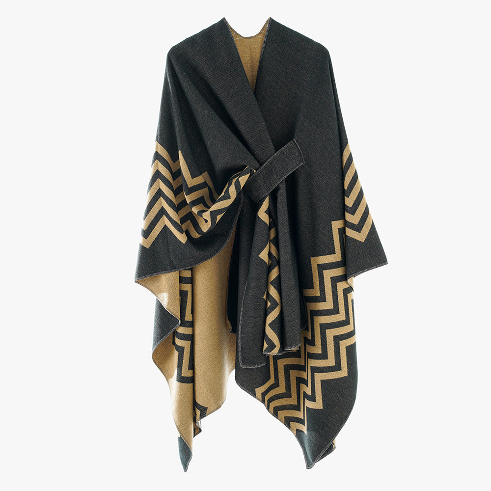 Damen Oversize Rechteck-Cape mit Jacquard-Zickzackmuster und Bindegürtel Shop Nory