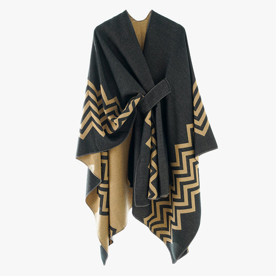 Damen Oversize Rechteck-Cape mit Jacquard-Zickzackmuster und Bindegürtel Shop Nory