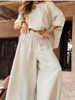 Damen Leinen-Set mit Cropped Oversize-Top und hohem elastischem Bund Palazzohose Shop Nory